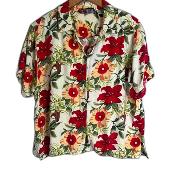 Palm Grove Tops - Palm Grove White Floral Hawaiian Button Front Shirt Size Petite Large